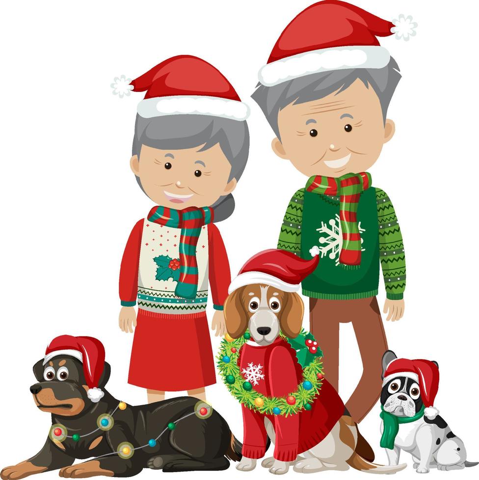 vecchia coppia in abiti natalizi con molti cani vettore