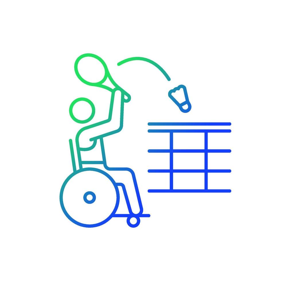 icona vettore lineare gradiente badminton sedia a rotelle. colpire il volano con la racchetta. sportivo con disabilità. simbolo del colore della linea sottile. pittogramma in stile moderno. disegno di contorno isolato vettoriale
