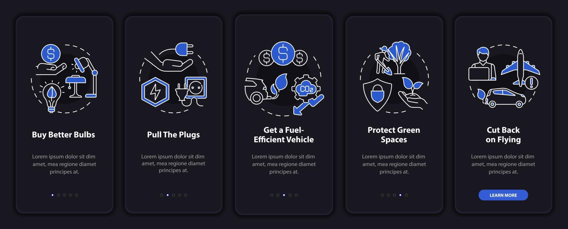 Modalità notturna per la prevenzione dell'inquinamento dell'aria che integra lo schermo dell'app mobile. procedura dettagliata 5 passaggi pagine di istruzioni grafiche con concetti lineari. ui, ux, modello gui. sono stati utilizzati una miriade di caratteri normali in grassetto vettore