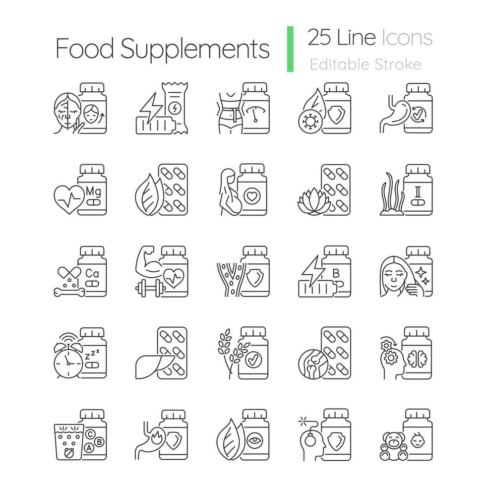 set di icone lineari di integratori alimentari. fonte di vitamine, minerali e sostanze nutritive. mangiare sano. simboli di contorno a linea sottile personalizzabili. illustrazioni di contorno vettoriale isolate. tratto modificabile