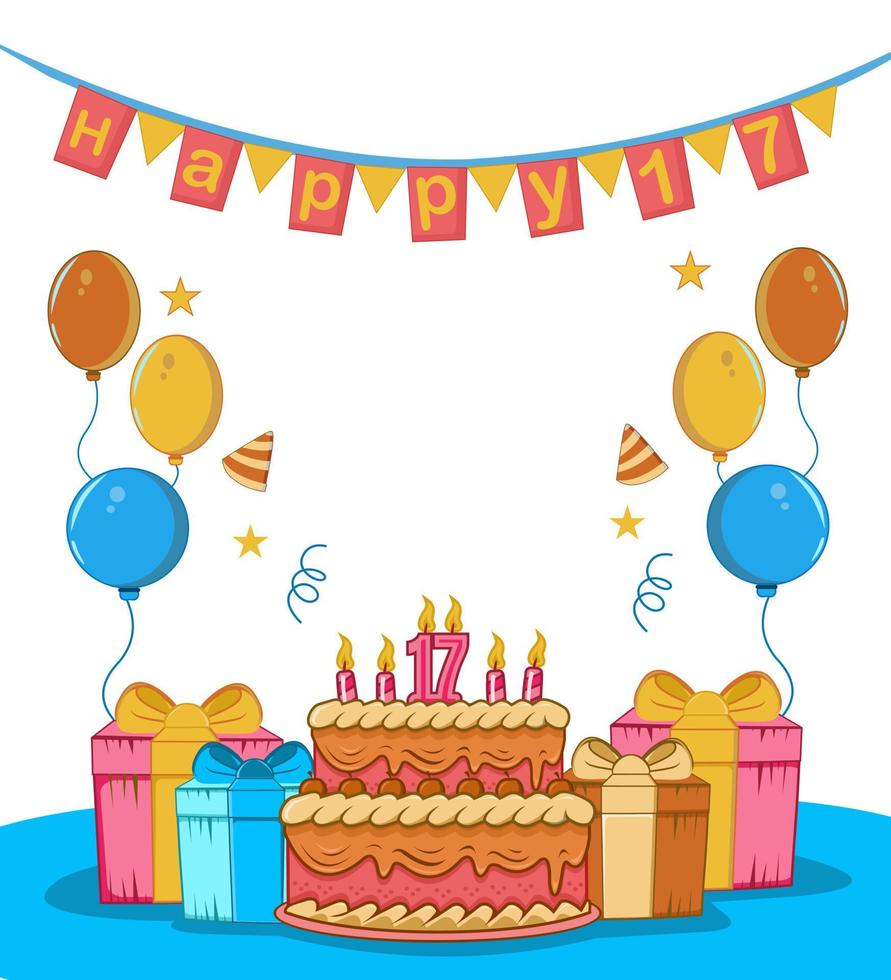 i migliori diciassette dolci con torta di compleanno, regalo, palloncino, candela, cappello, bandiera, design piatto ornamento a stella vettore