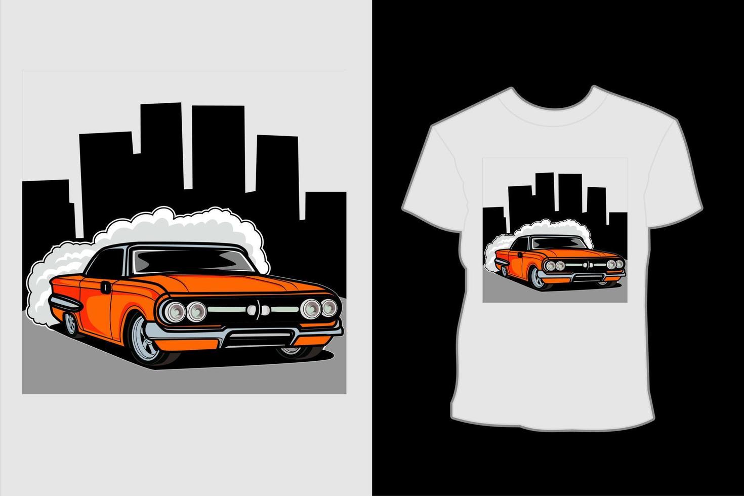 auto d'epoca arancione nel design della maglietta dell'illustrazione della città vettore