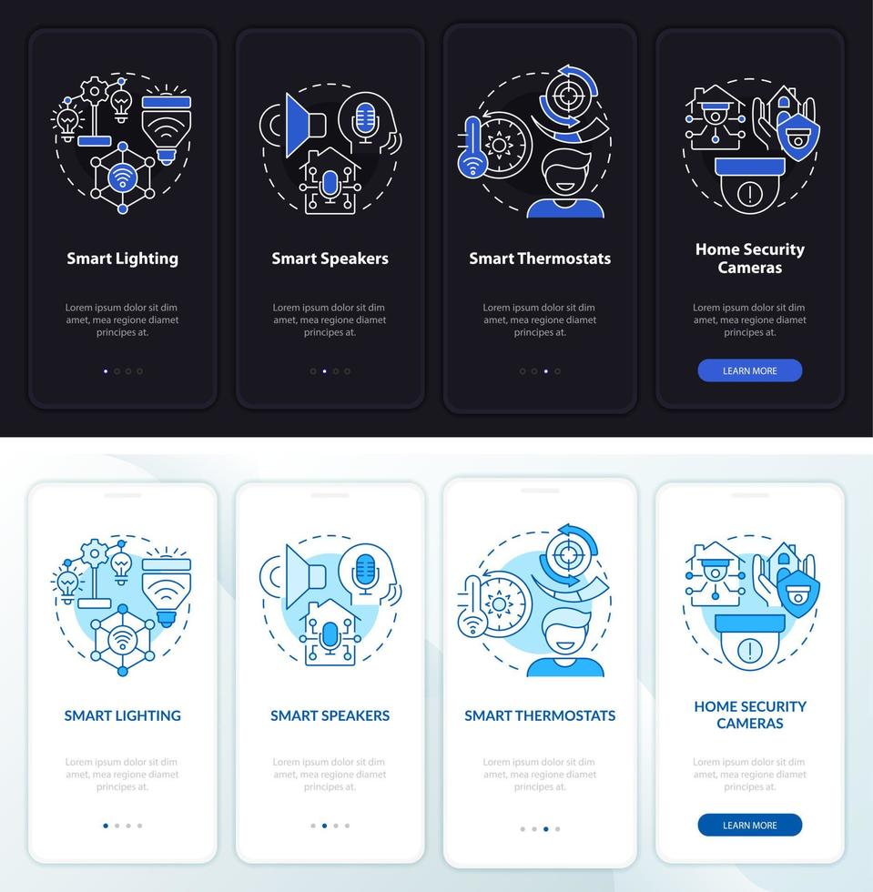 attrezzatura per la casa intelligente modalità notte e giorno che integra lo schermo dell'app mobile. procedura dettagliata 4 passaggi pagine di istruzioni grafiche con concetti lineari. ui, ux, modello gui. sono stati utilizzati una miriade di caratteri normali in grassetto vettore