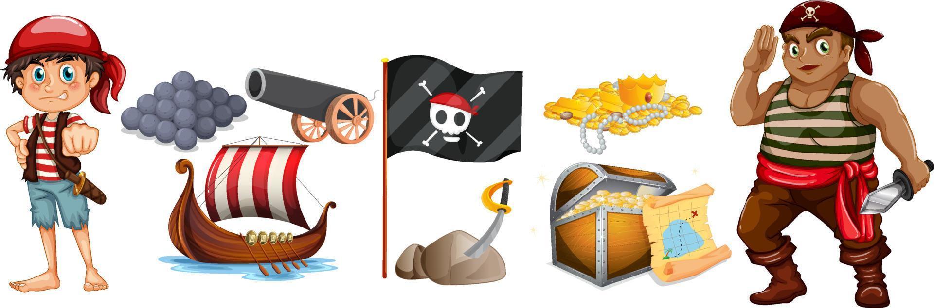 set di personaggi e oggetti dei cartoni animati dei pirati vettore
