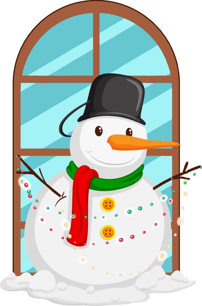 felice pupazzo di neve con decorazioni vicino alla finestra vettore