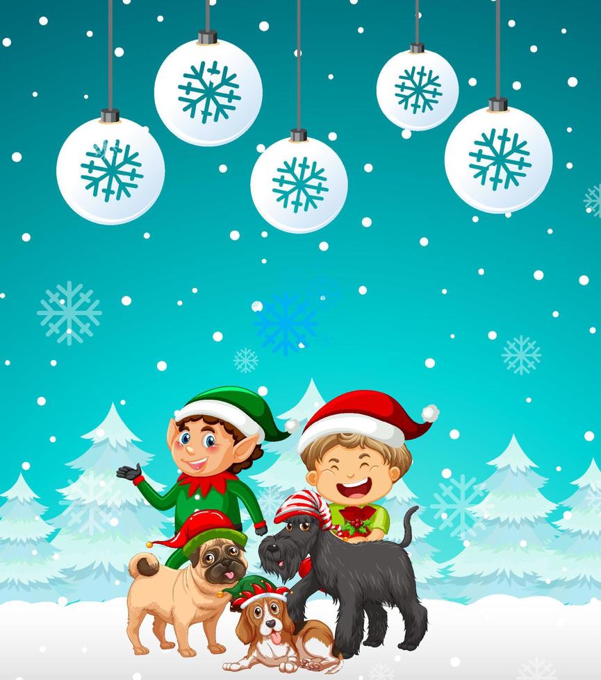 poster di natale con due elfi e cani su sfondo innevato vettore