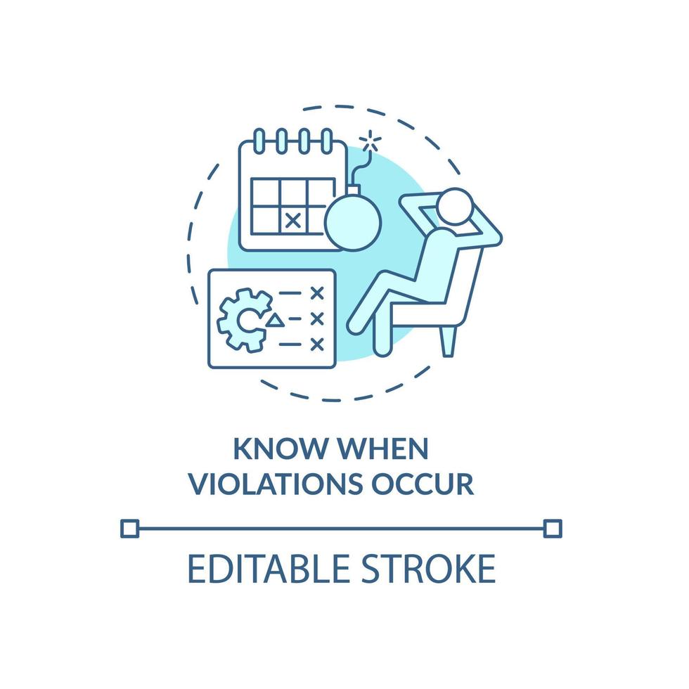 sapere quando si verificano violazioni icona blu del concetto. monitoraggio della produttività sul posto di lavoro. illustrazione della linea sottile dell'idea astratta di monitoraggio dei dipendenti. disegno a colori di contorno isolato vettoriale. tratto modificabile vettore