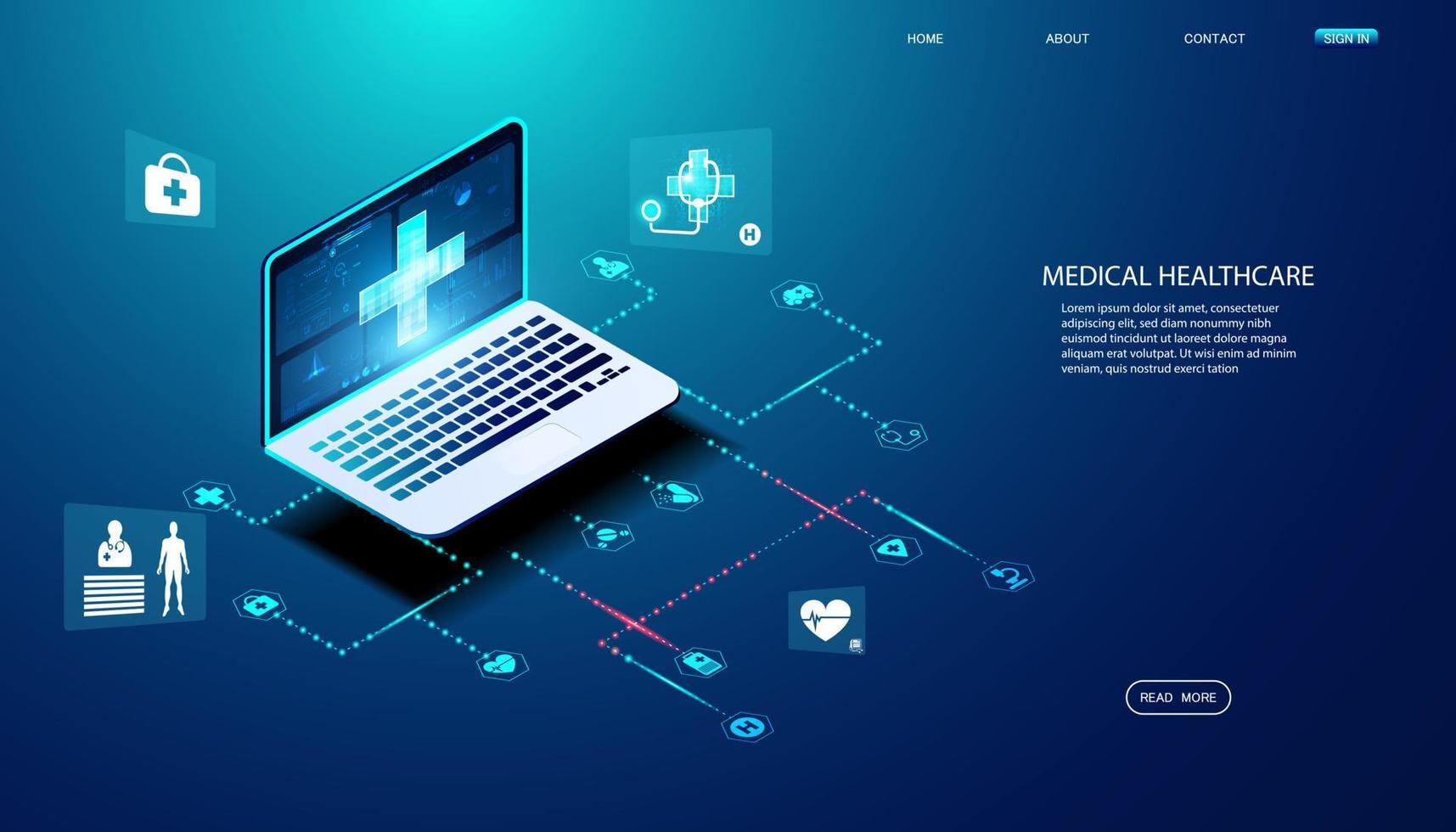 concetto astratto di salute del laptop e salute delle icone che fornisce consulenza online e consulenza medica agli utenti. vettore