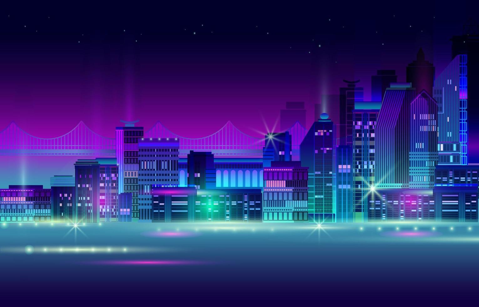 panorama notturno della città con bagliore al neon su sfondo scuro. vettore. vettore