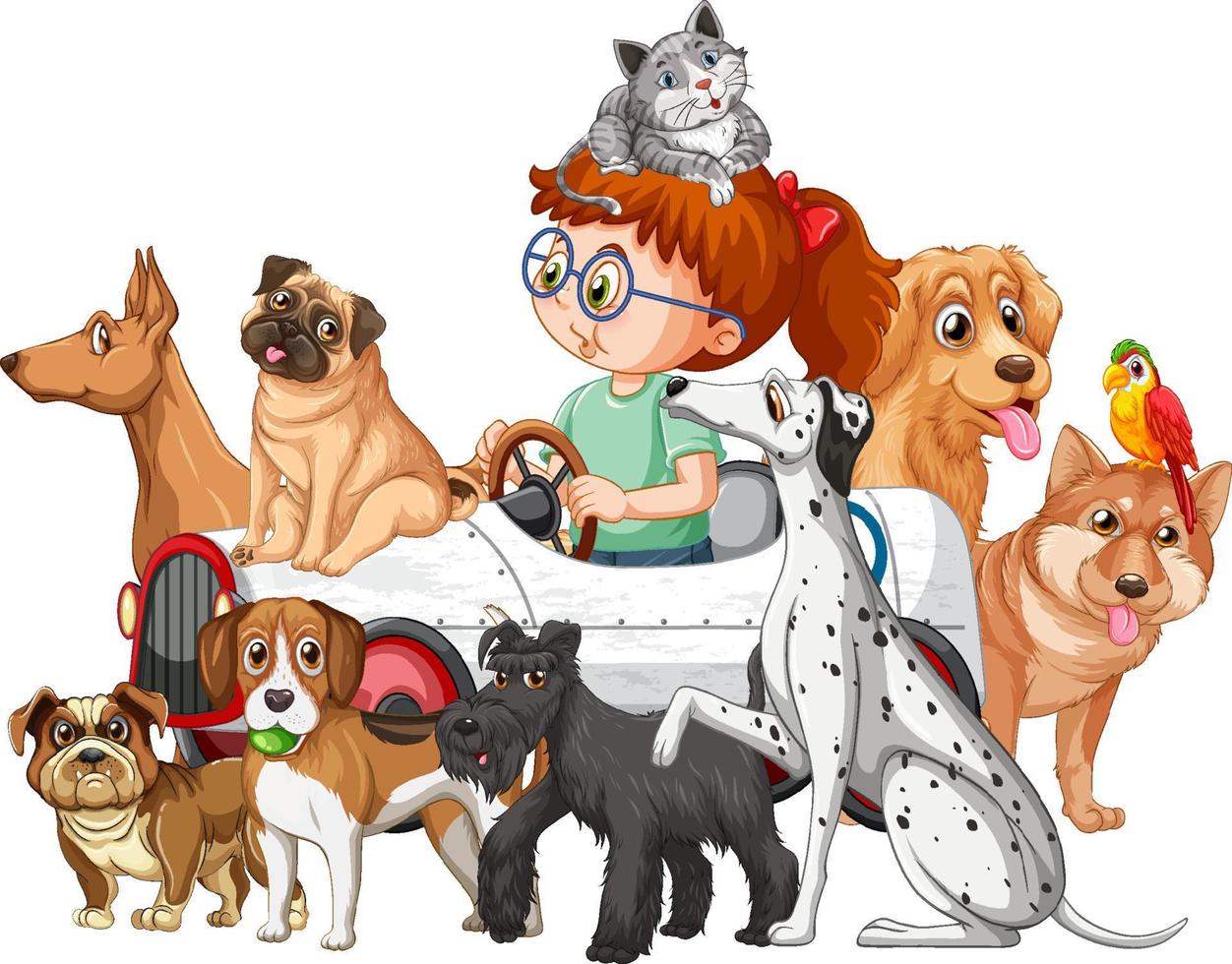 una ragazza che guida un'auto giocattolo con molti cani vettore