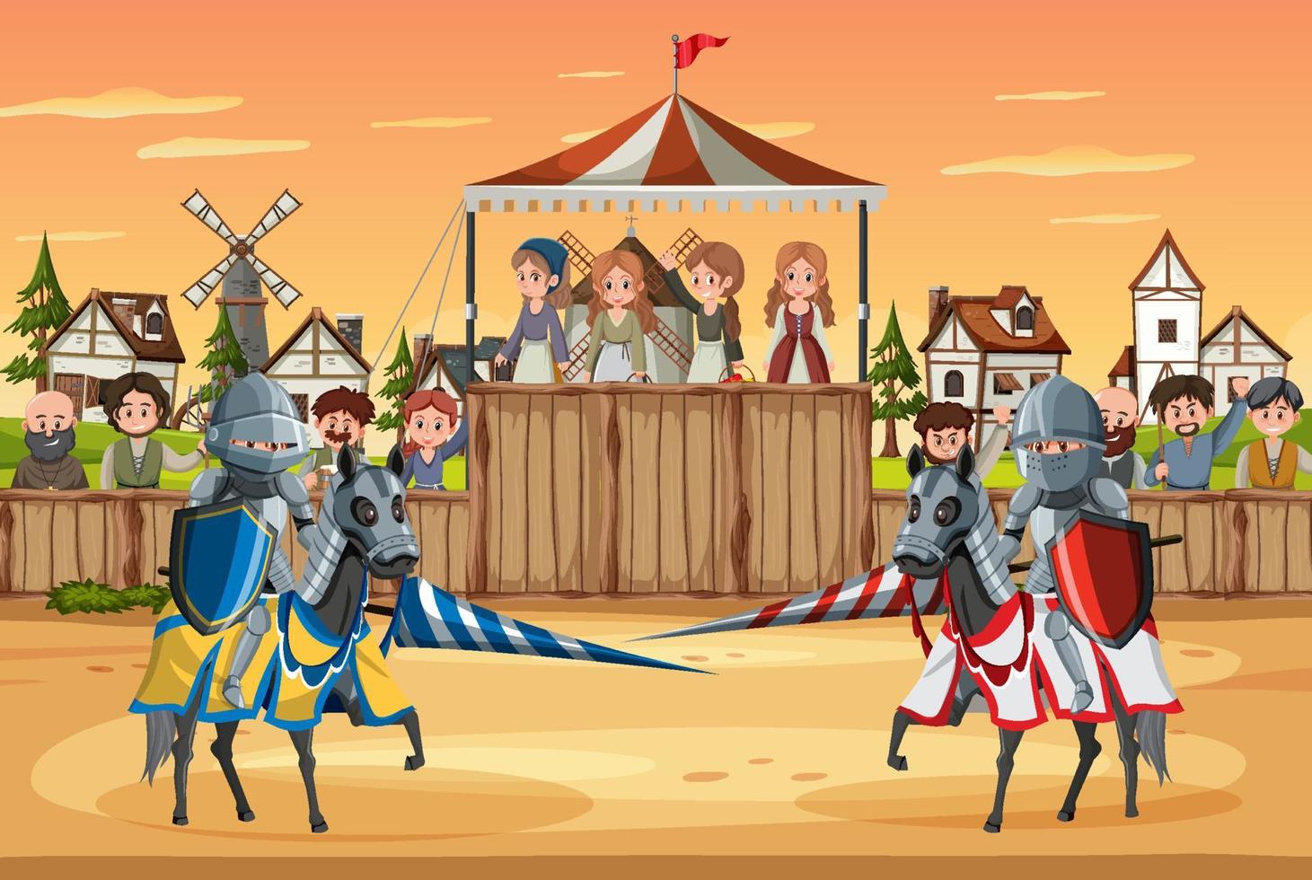 scena del torneo di giostra del cavaliere medievale vettore