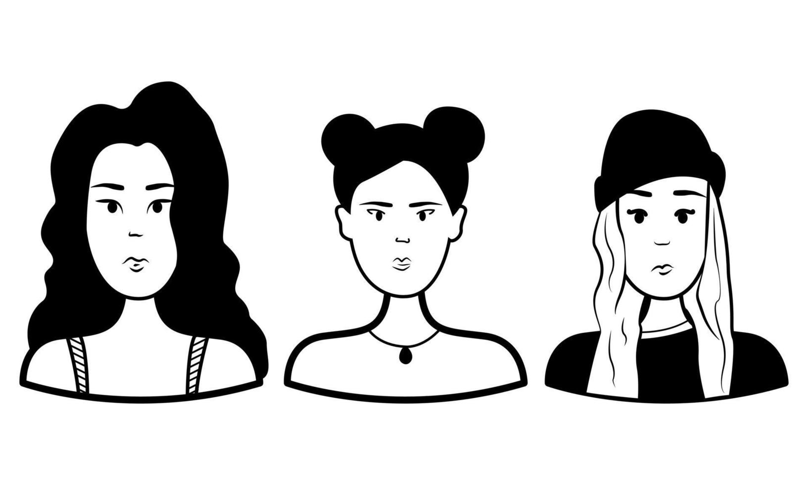 doodle impostare la faccia delle persone. tre ragazze. contorno vettoriale. illustrazione in bianco e nero vettore