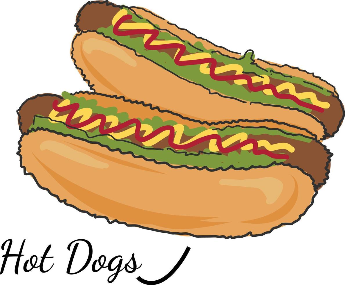 un hot dog appetitoso deliziosi hot dog succosi o wurstel con salsiccia, ketchup, maionese, senape e foglie di lattuga. fast food americano in stile doodle. vista dall'alto. vettore