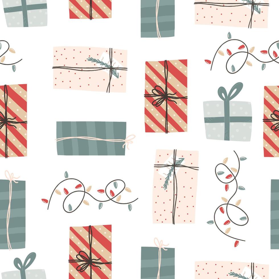 scatole regalo di natale e motivo festivo senza cuciture, illustrazione vettoriale piatta su sfondo bianco. la celebrazione delle vacanze invernali presenta pacchetti con texture.