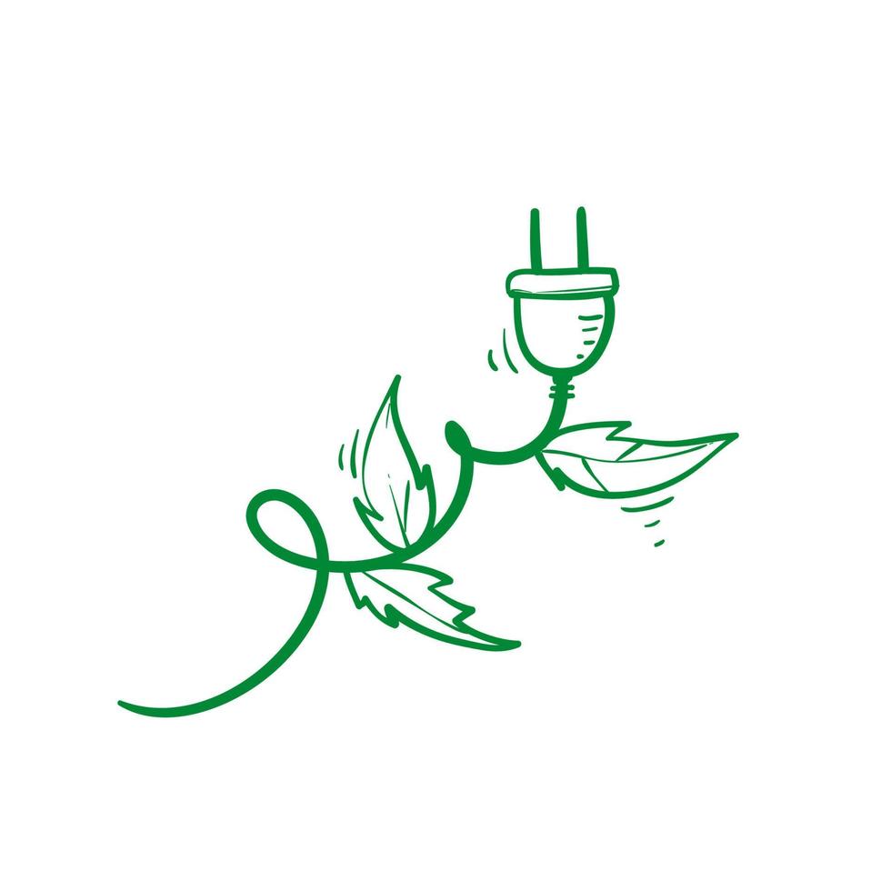 elettricità di energia verde disegnata a mano, segno dell'icona della spina elettrica con il doodle delle foglie della pianta del cavo vettore
