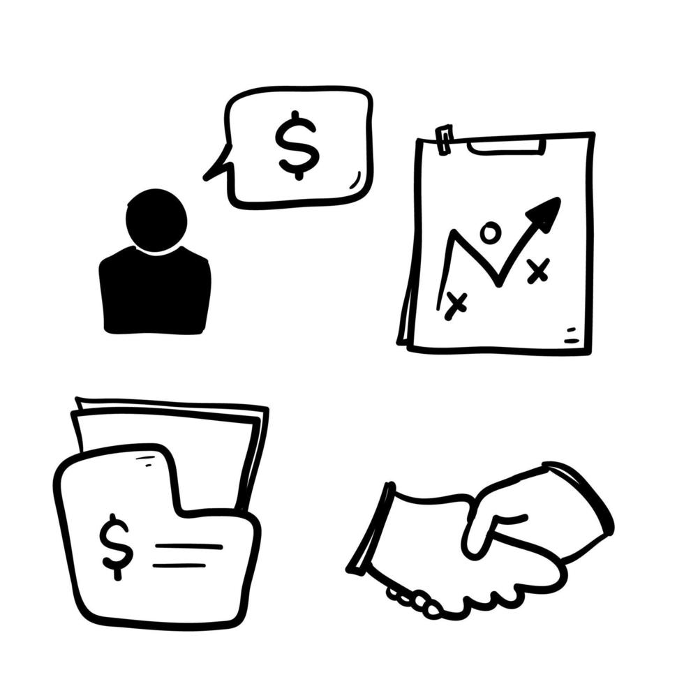set semplice disegnato a mano di icone di linee vettoriali relative a affari e denaro. con stile scarabocchio