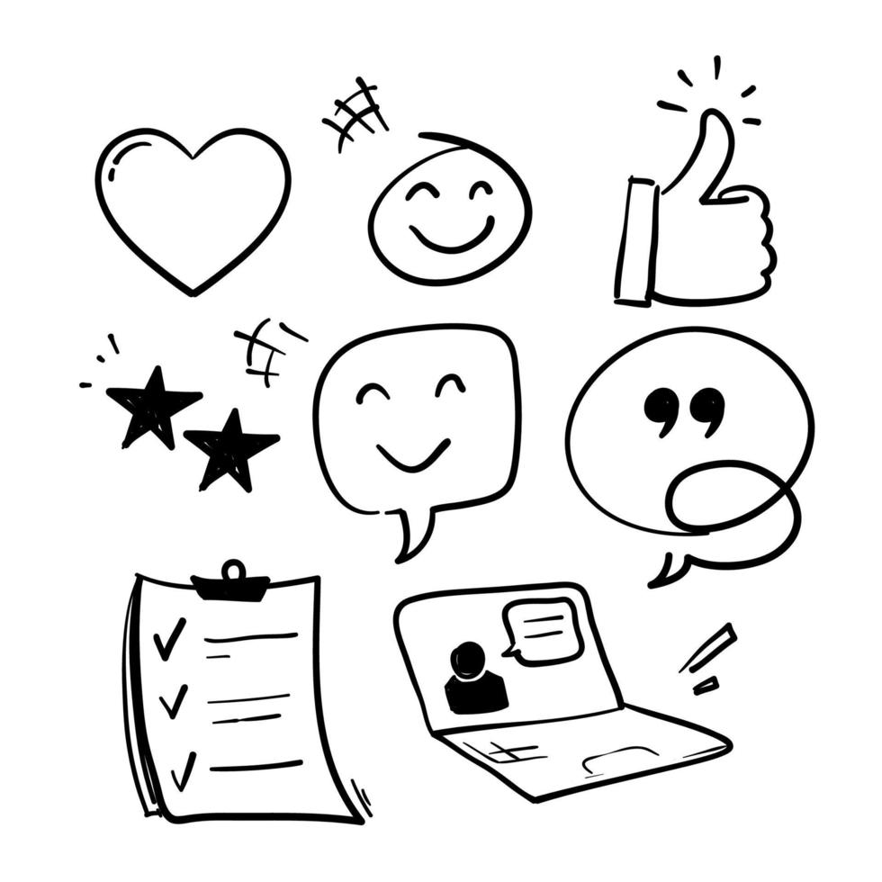 set semplice disegnato a mano di testimonianze relative alle icone delle linee vettoriali. nello schizzo di vettori in stile doodle