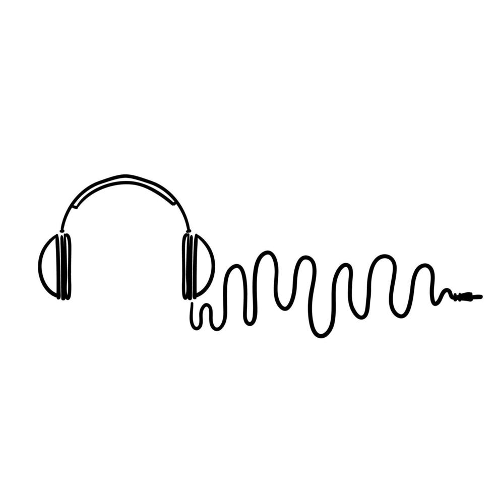 cuffie di doodle disegnate a mano con cavo d'onda, vettore del fumetto di simbolo di musica