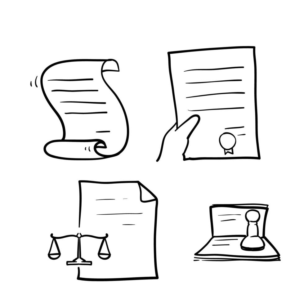 insieme di doodle disegnato a mano del simbolo dell'illustrazione dell'icona del documento legale vettore