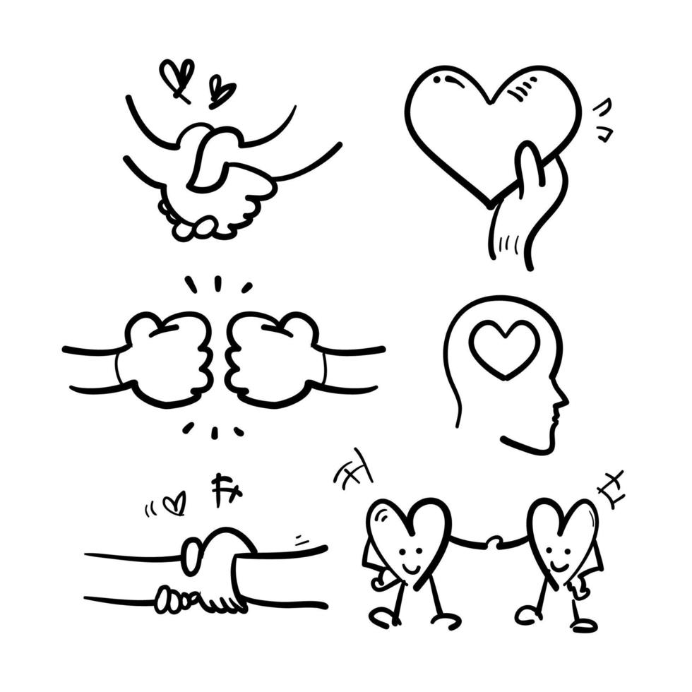 doodle amicizia e amore icone della linea vettoriale impostate. con vettore di stile di disegno di schizzo disegnato a mano