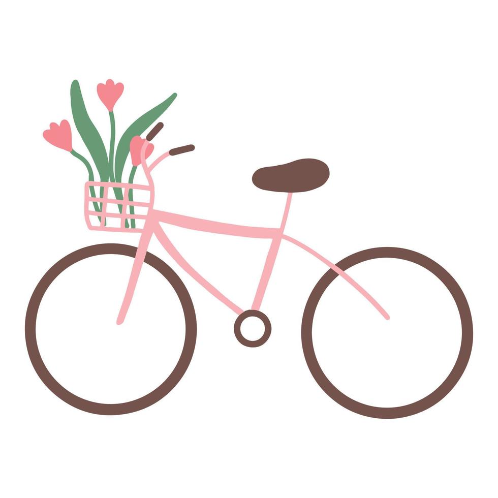 bicicletta rosa con fiori in un cesto. bici rosa primaverile con tulipani. illustrazione di primavera. illustrazione vettoriale in stile disegnato a mano.