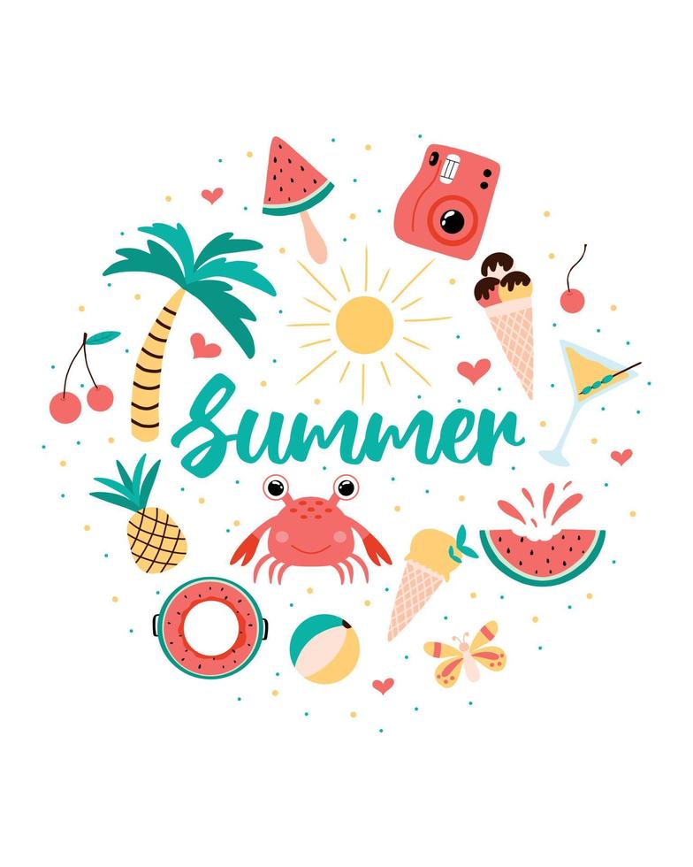 manifesto estivo. poster delle vacanze estive con gelato, granchio, palma e fotocamera. carino estate card.vector illustrazione disegnata a mano. vettore