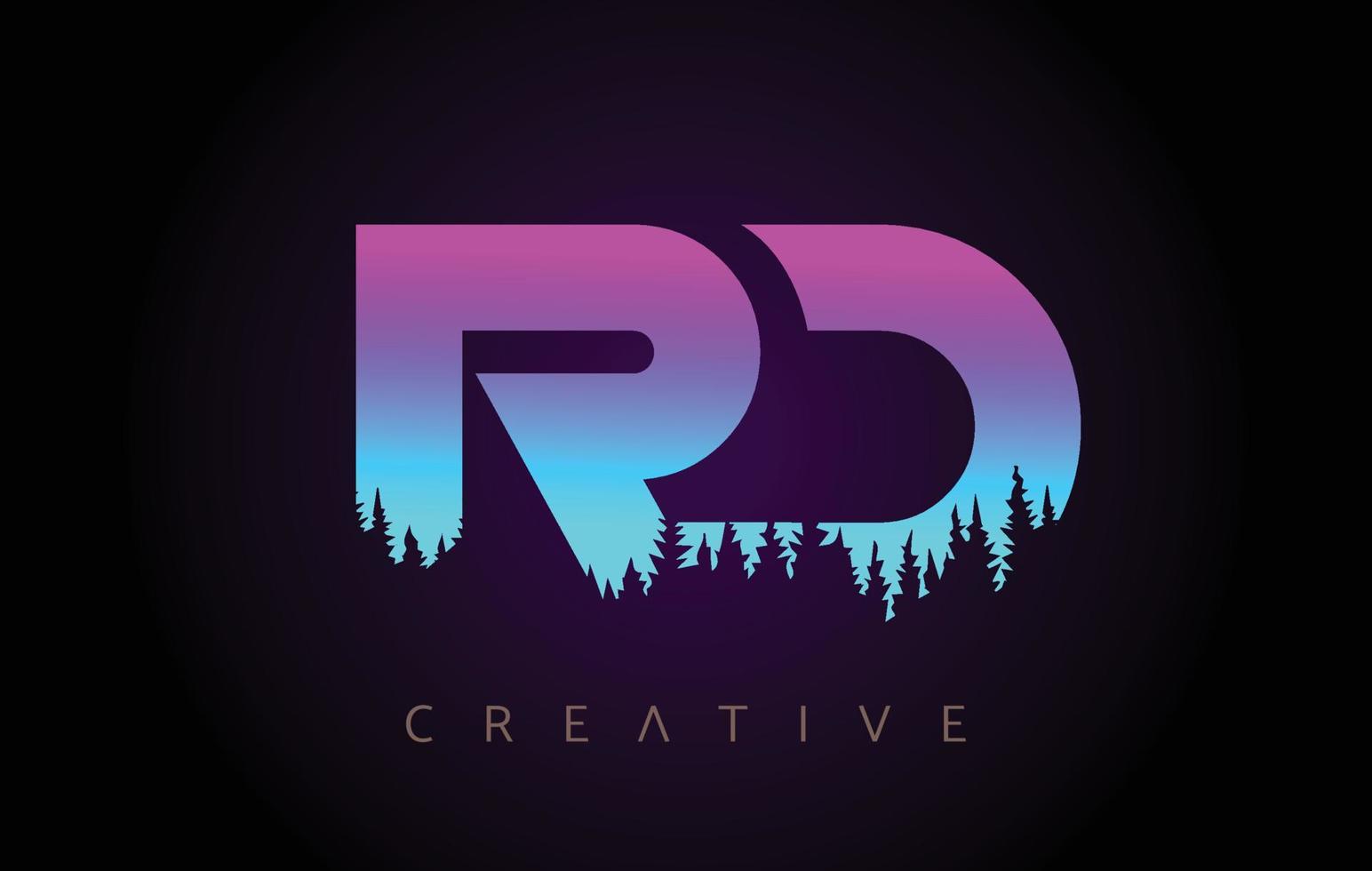rd lettere logo design con colori blu viola e alberi di pino concetto vettore icona