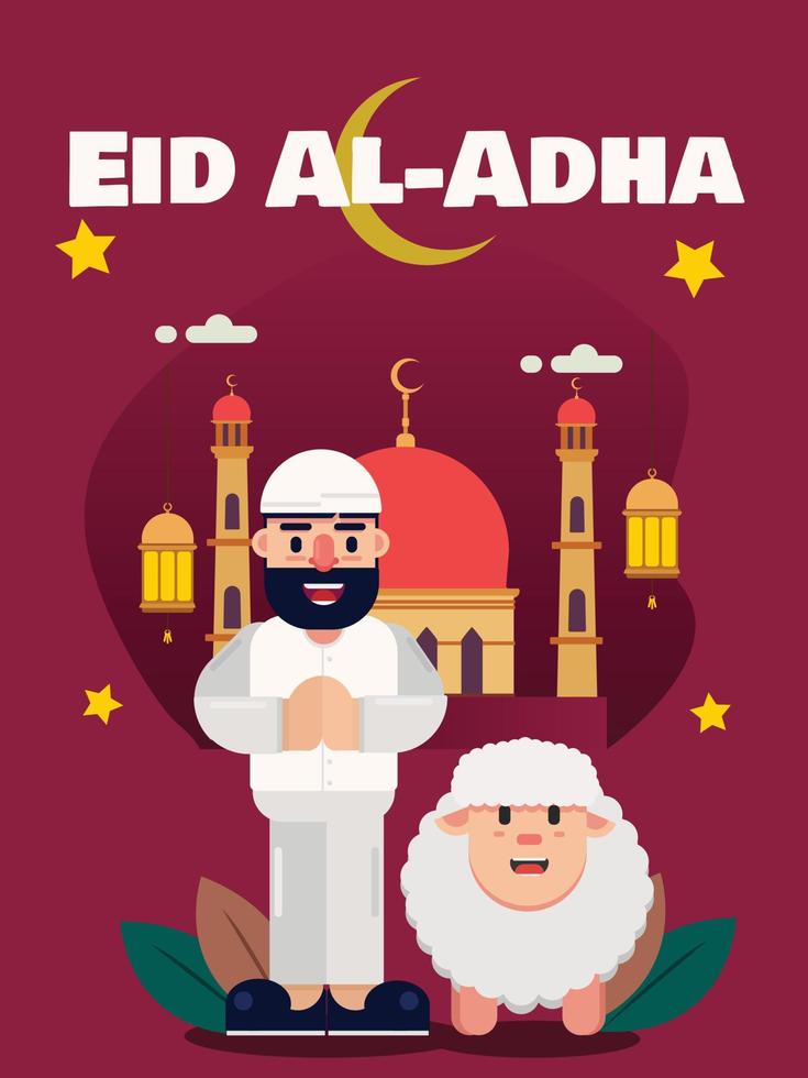 eid al adha illustrazione piatta biglietto di auguri vettore