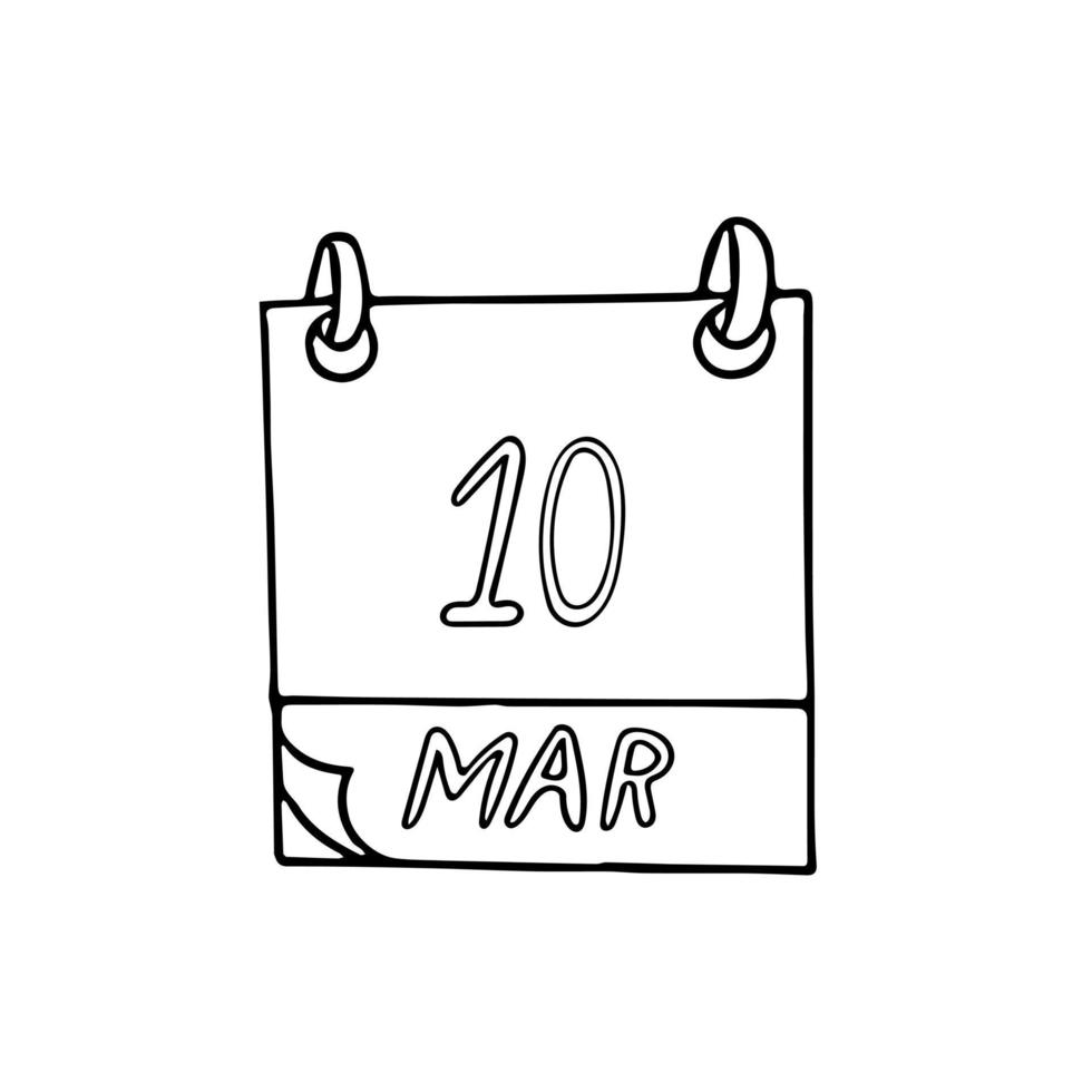 calendario disegnato a mano in stile doodle. 10 marzo. data. icona, adesivo, elemento di design vettore