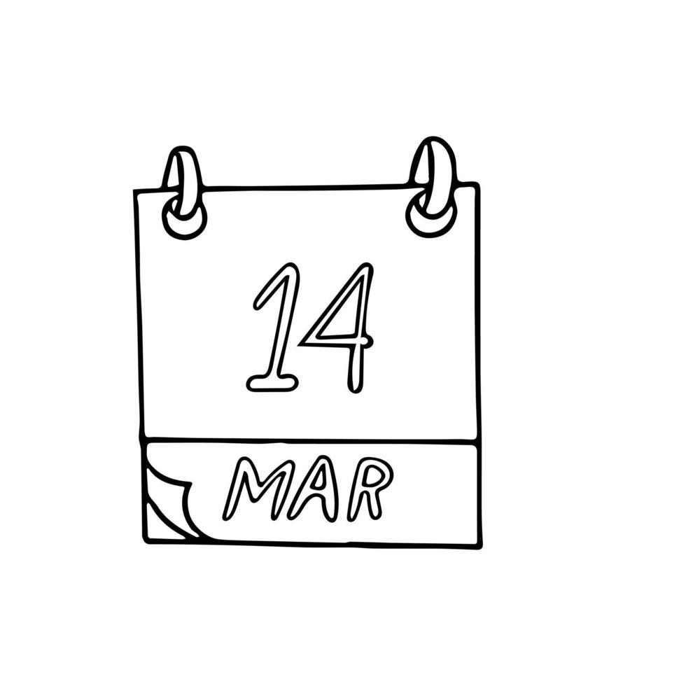 calendario disegnato a mano in stile doodle. 14 marzo. data. icona, adesivo, elemento di design vettore