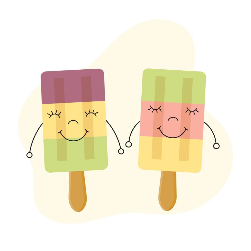gelato multicolore su un bastoncino. gelato alla frutta. spuntino rinfrescante estivo. illustrazione vettoriale isolata.