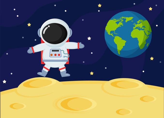 Gli astronauti dello spazio del fumetto sveglio esplorano la superficie lunare della terra. vettore