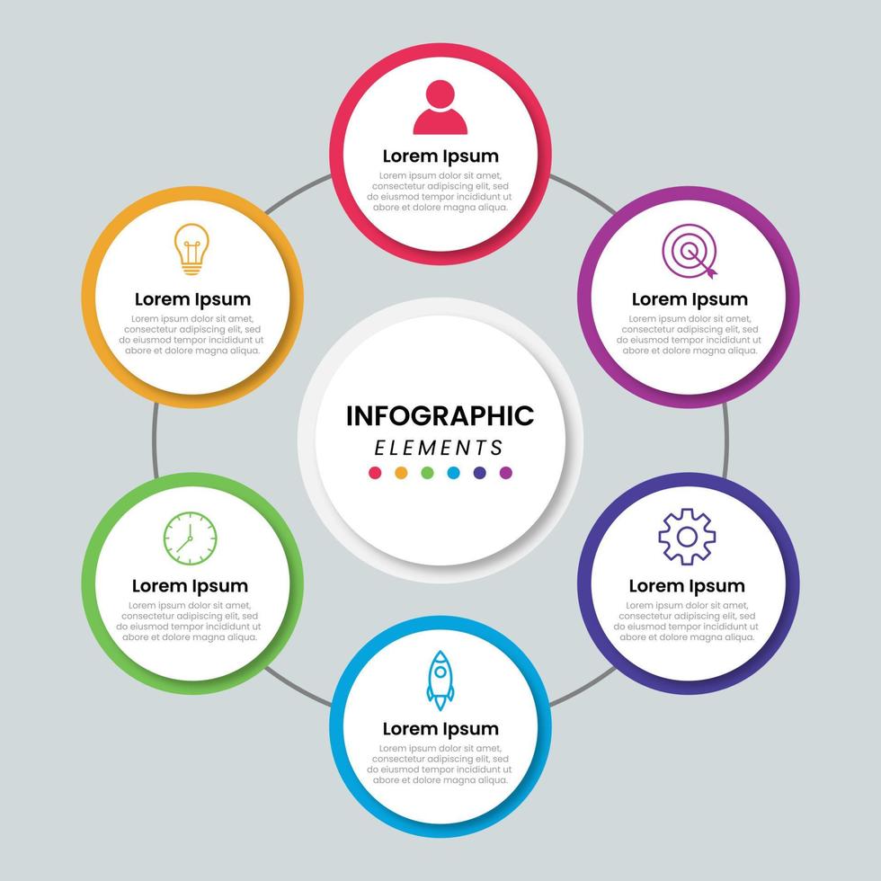 modello di infografica timeline con forme di cerchi moderni. linea di processo aziendale con 6 opzioni numeriche, passaggi. illustrazione vettoriale. vettore