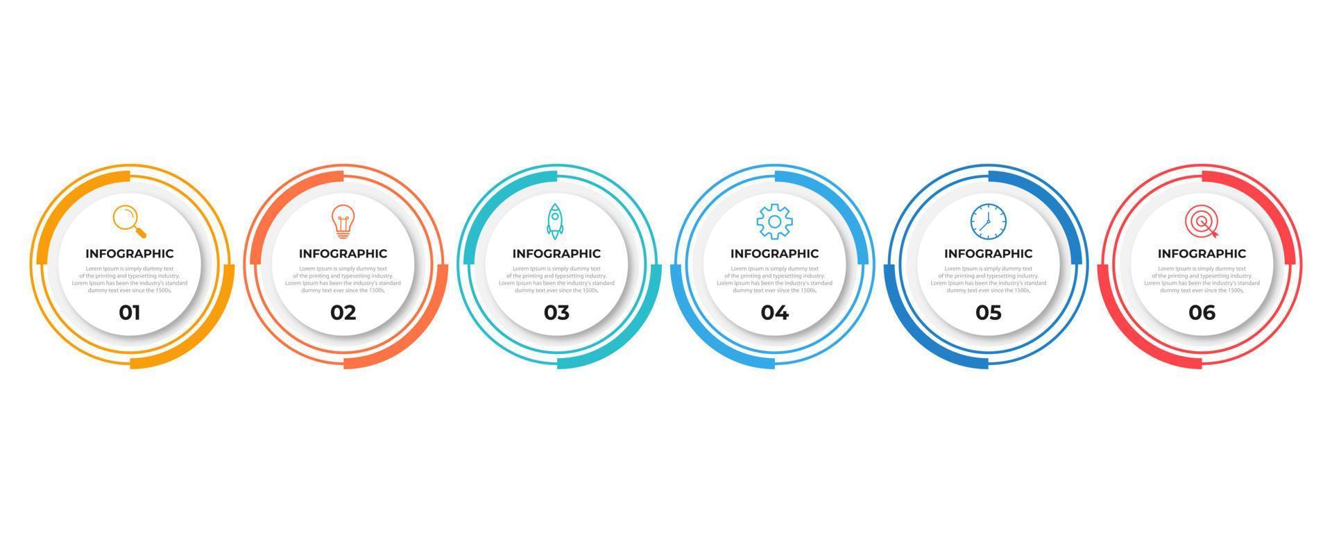 modello di infografica timeline con forme di cerchi moderni. linea di processo aziendale con 6 opzioni numeriche, passaggi. illustrazione vettoriale. vettore