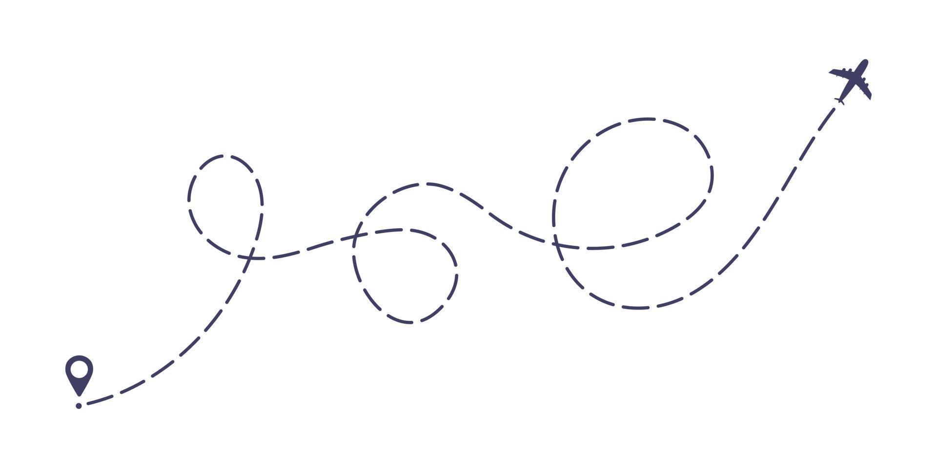 illustrazione vettoriale di disegno in stile piatto del percorso della linea tratteggiata dell'aeroplano isolata su sfondo bianco.