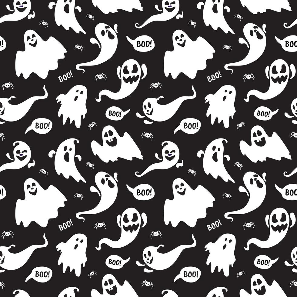 carino fantasma boo carattere vacanza motivo senza giunture in stile piatto design illustrazione vettoriale isolato su sfondo scuro.