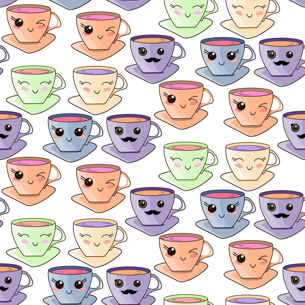 Reticolo senza giunte con la tazza kawaii disegnata a mano. divertenti tazze kawaii su sfondo bianco. vettore