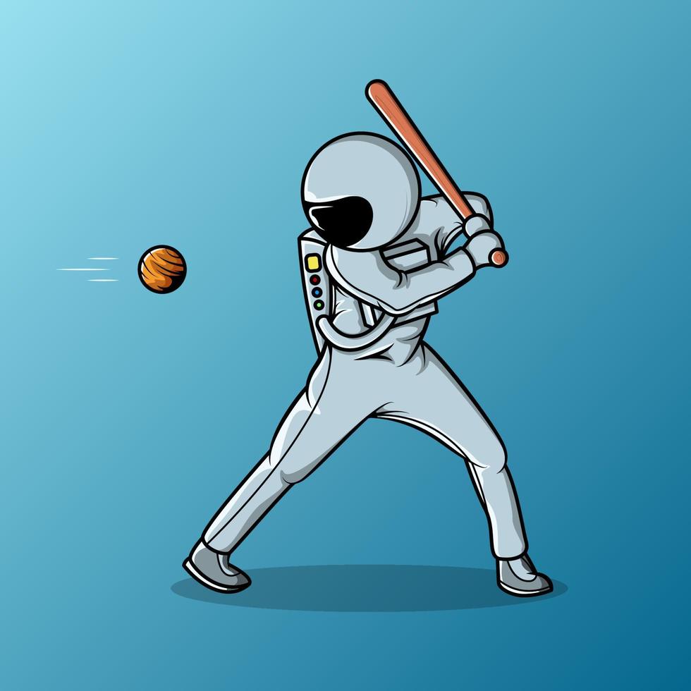 astronauta che colpisce la palla del pianeta con l'illustrazione di vettore della mazza da baseball