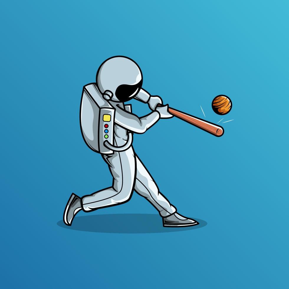 astronauta che colpisce la palla del pianeta con l'illustrazione di vettore della mazza da baseball