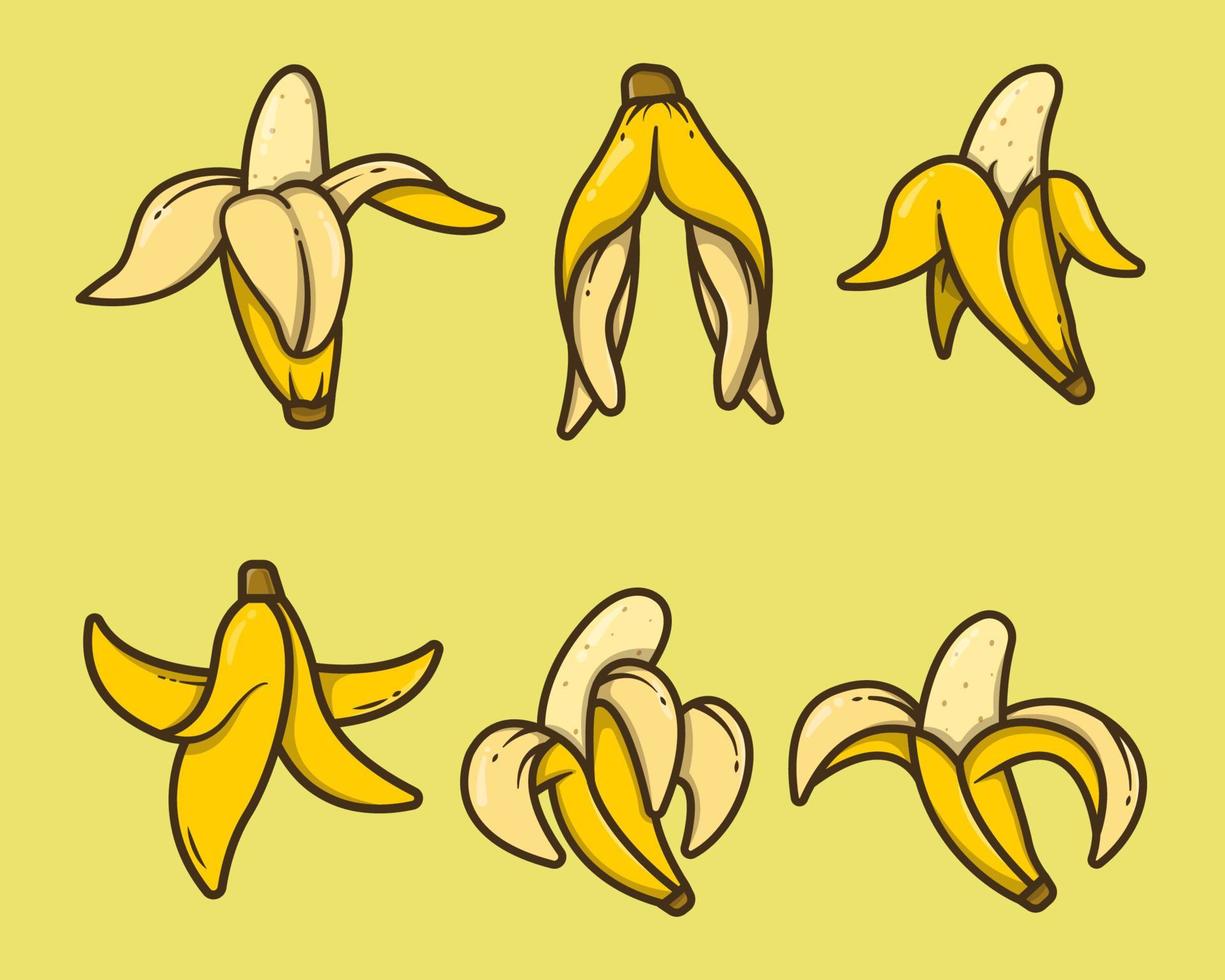 set di varie banane disegnate a mano in stile doodle cartone animato vettore