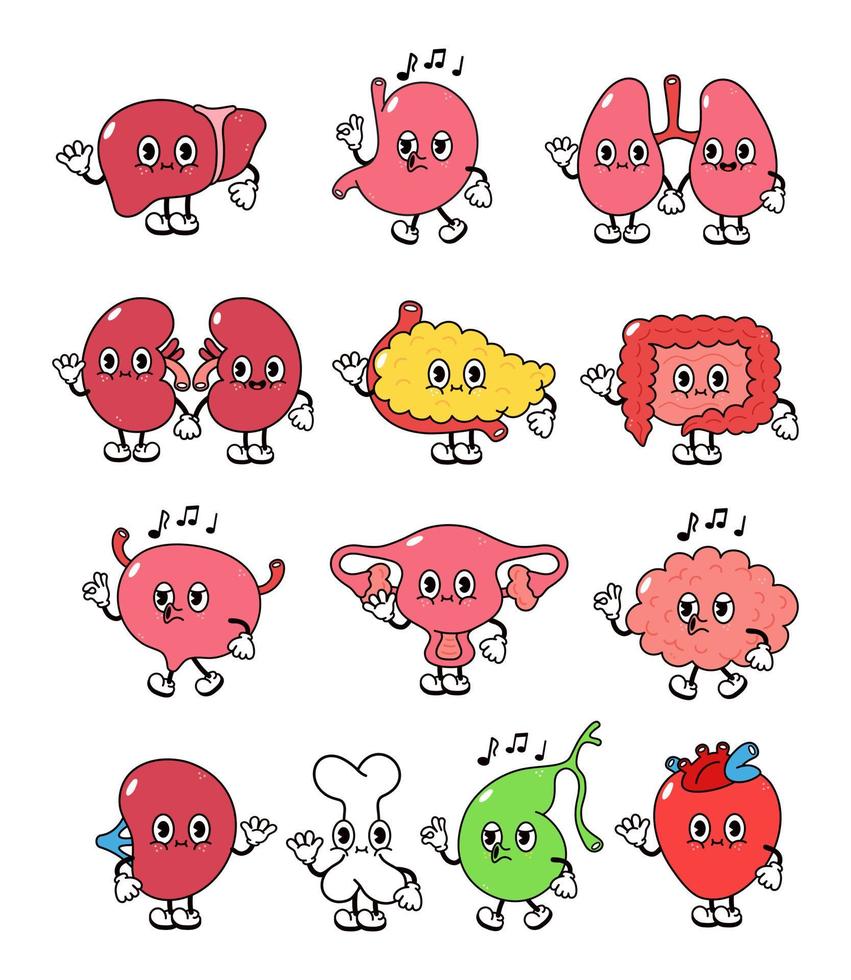 organi interni umani felici. cartone animato organo umano cuore, fegato, stomaco, polmoni, reni, pancreas, intestino, vescica, utero, cervello, milza, ossa, cistifellea. set di illustrazioni retrò per organi interni vettore