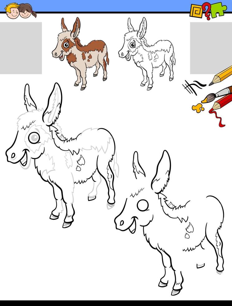 compito di disegnare e colorare con il personaggio degli animali della fattoria degli asini vettore