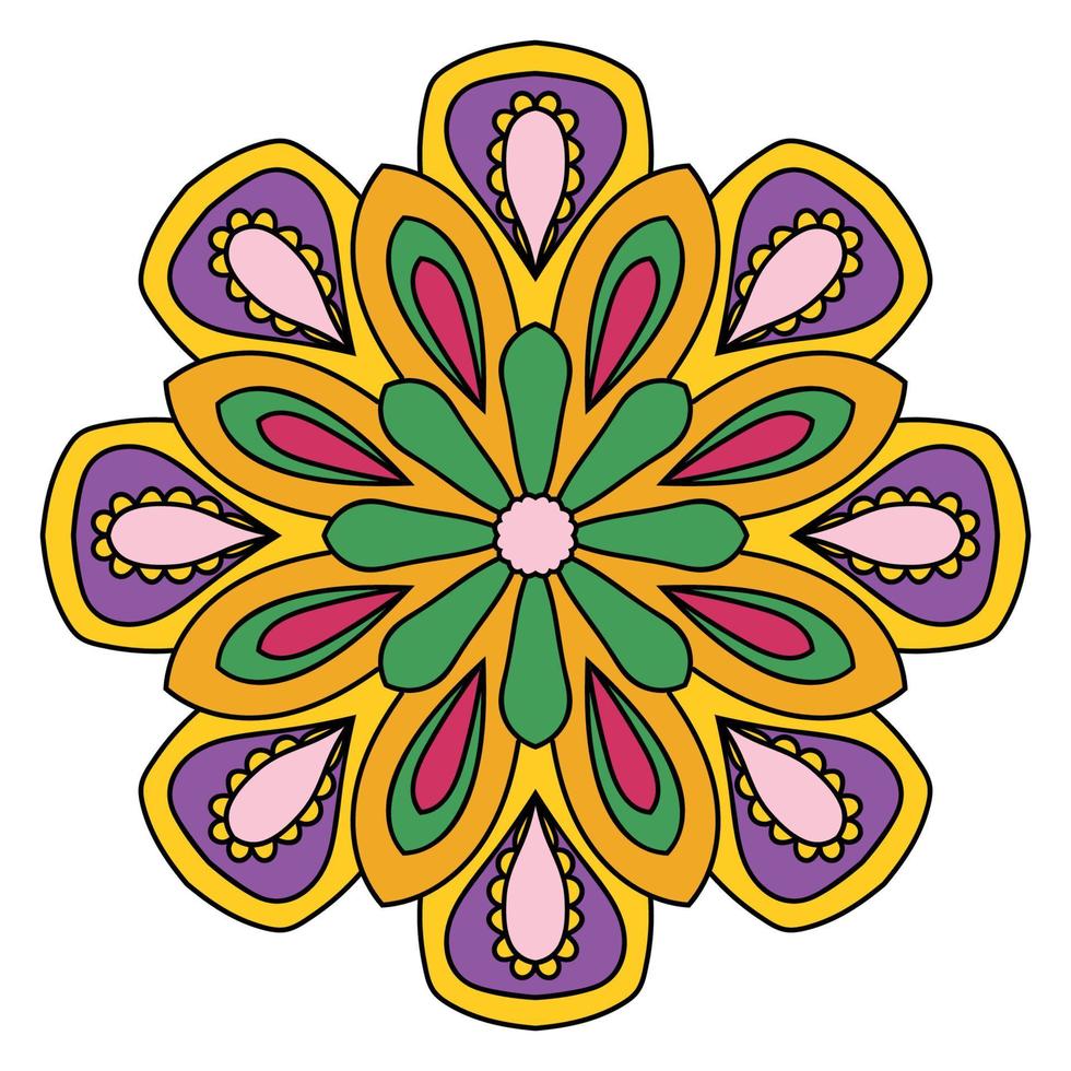 carino mandala colorato. fiore ornamentale rotondo doodle isolato su sfondo bianco. ornamento decorativo geometrico in stile etnico orientale. vettore