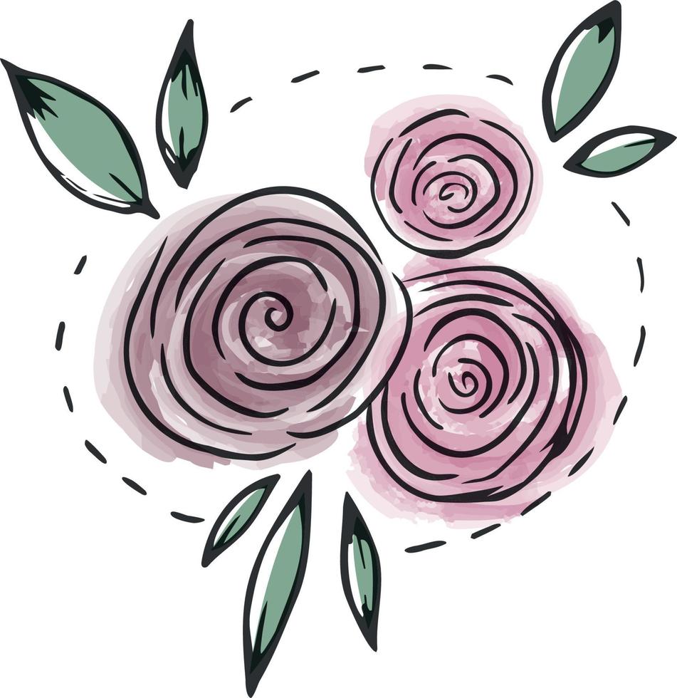 rose acquerello rosa con foglie e contorni audaci vettore