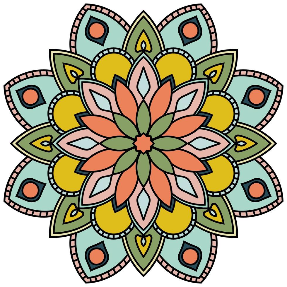 carino mandala colorato. fiore ornamentale rotondo doodle isolato su sfondo bianco. ornamento decorativo geometrico in stile etnico orientale. vettore
