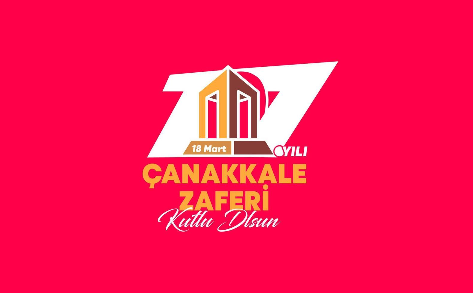 Logotipo della vittoria del monumento dei martiri di Canakkale del 107° anniversario. traduzione 107. felice 18 marzo vittoria di Canakkale. messaggio di congratulazioni monumento canakkale su sfondo rosso. vettore