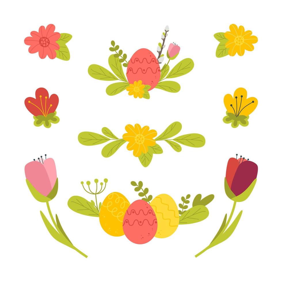 il set è una buona vacanza di Pasqua con uova, fiori, salici e altri attributi. illustrazione vettoriale in uno stile piatto isolato su uno sfondo bianco