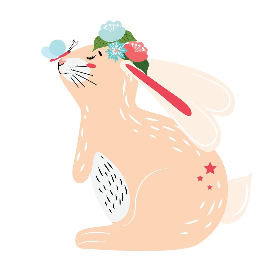 simpatico coniglietto con fiori intorno alla testa che si gode la natura. simpatico coniglietto con una farfalla sul naso. vettore