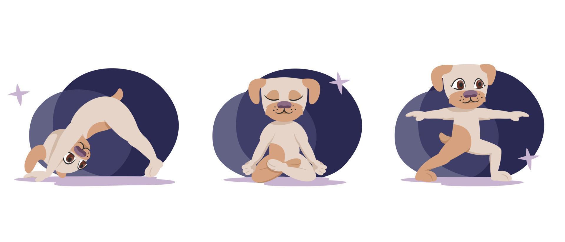 cane in diverse posizioni yoga. animale antropomorfo in stile cartone animato vettore