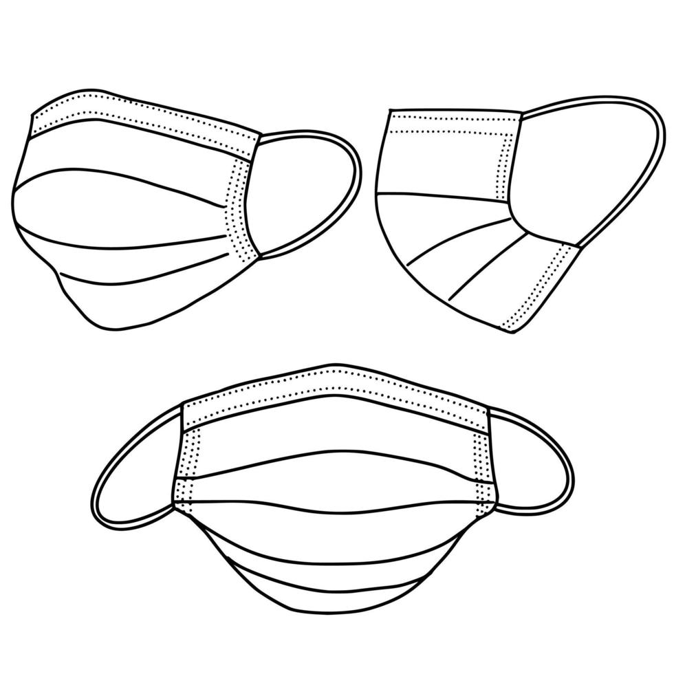 set di maschere mediche disegnate a mano isolate su sfondo bianco, protezione corona .illustrazione vettoriale. vettore